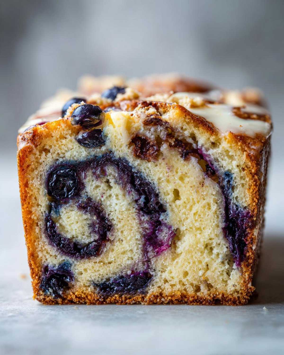A close-up of a slice of blueberry cream cheese bread, showcasing the blueberry swirl and cream cheese filling.