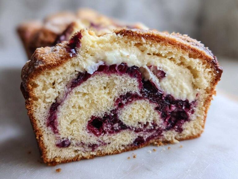 A close-up of a slice of blueberry cream cheese bread, showing the swirl of blueberries and cream cheese filling.