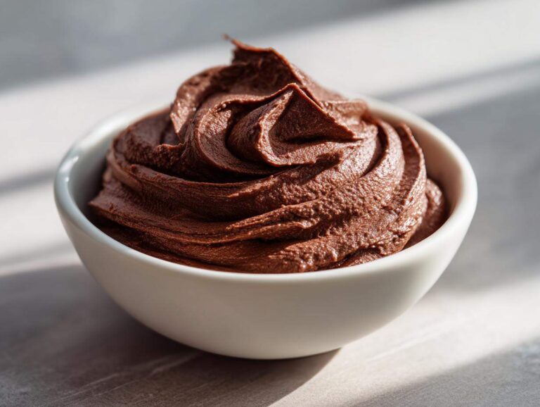 A bowl of delicious, creamy chocolate frosting, swirled to perfection and ready to be enjoyed.