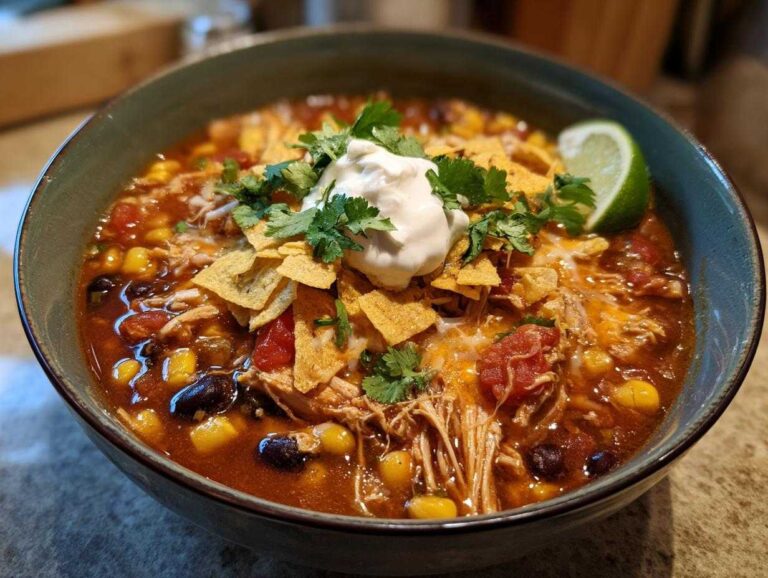 A vibrant bowl of tortilla soup topped with tortilla chips, sour cream, cilantro, and a lime wedge.
