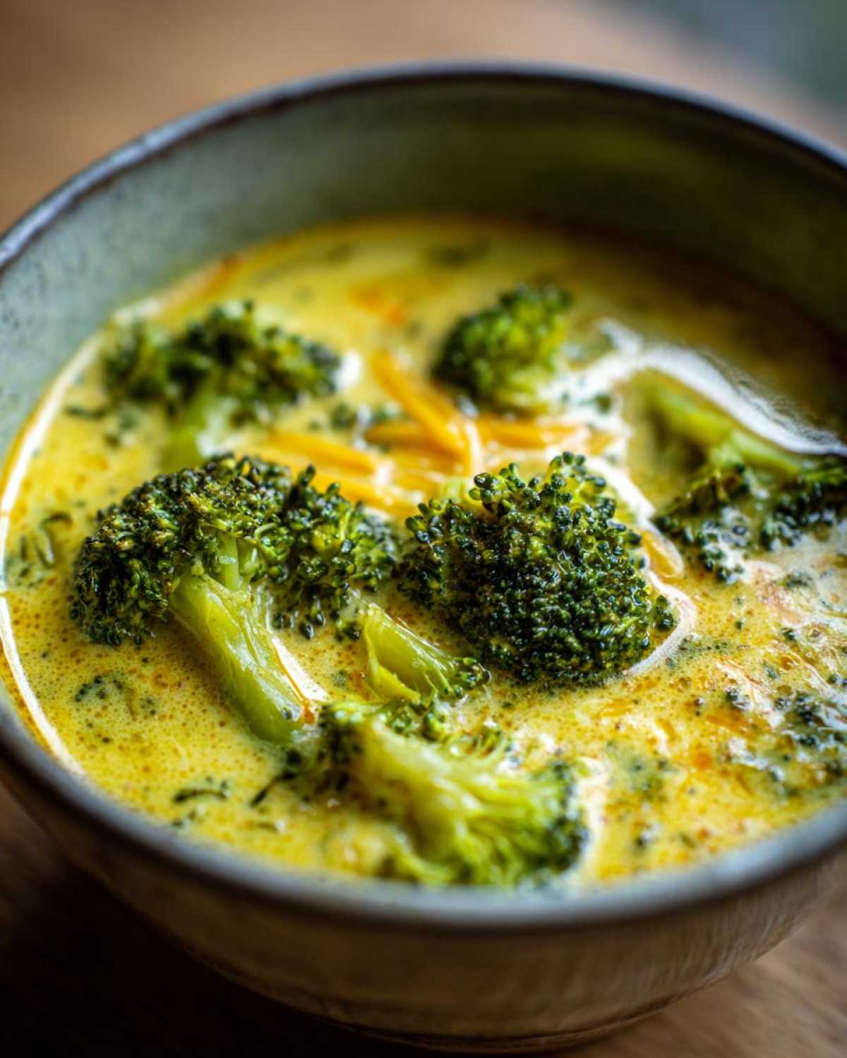 Close-up of a bowl of broccoli cheese soup with visible broccoli florets and melted cheese.