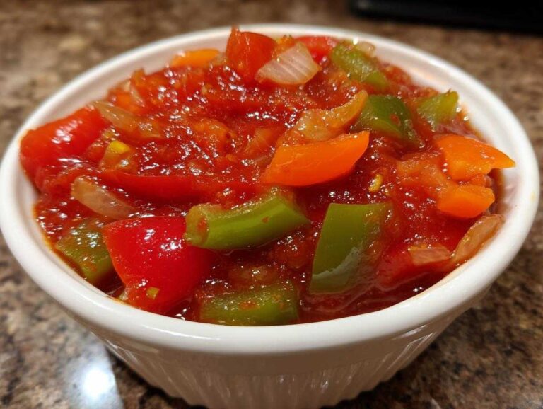 Close-up of vibrant canned salsa in a white bowl, featuring red, green, and orange peppers with onions.