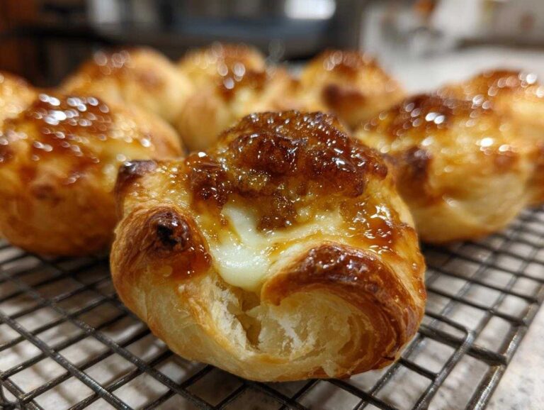 Close-up of caramelized onion gruyere hot honey bites on a cooling rack, showcasing flaky pastry and melted cheese.