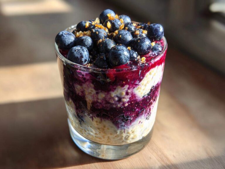 A glass filled with cheesecake blueberry overnight oats, topped with fresh blueberries and sprinkles.