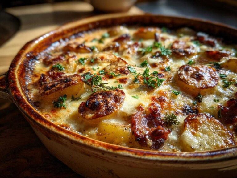 Close-up of cheesy ranch potatoes and smoked sausage bake in a rustic dish, garnished with fresh herbs.