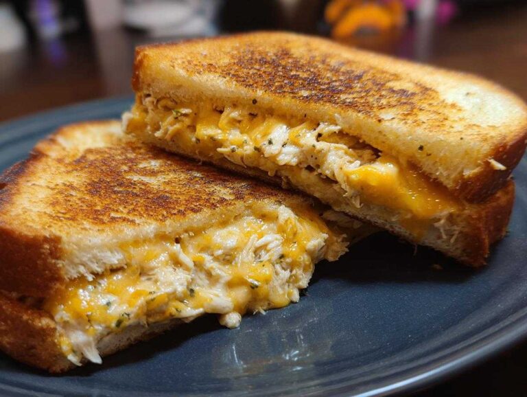 Two halves of a grilled chicken avocado melt sandwich with melted cheese on a dark plate.