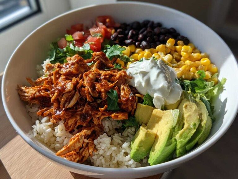 A vibrant chicken burrito bowl with rice, chicken, black beans, corn, avocado, and sour cream.