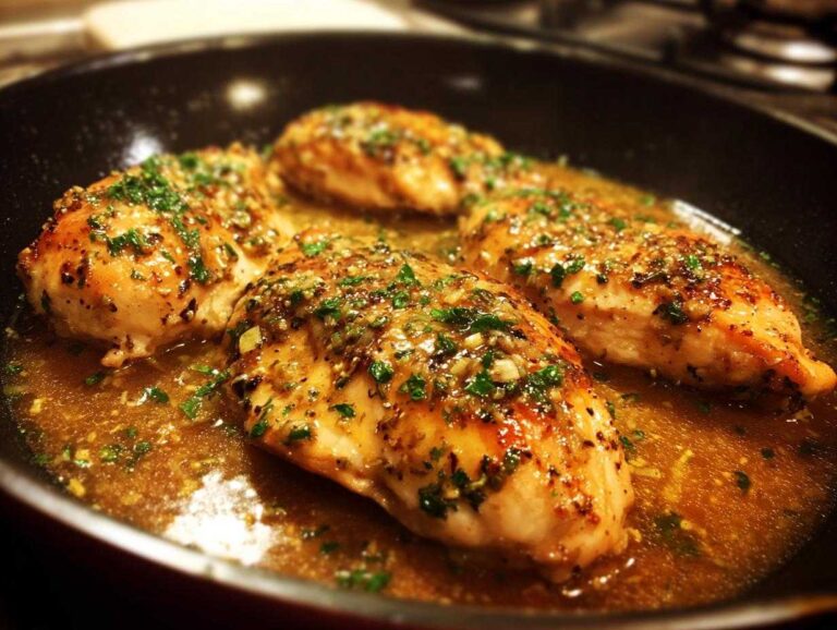 Four pieces of Chicken Christopher cooking in a pan with sauce and herb garnish.