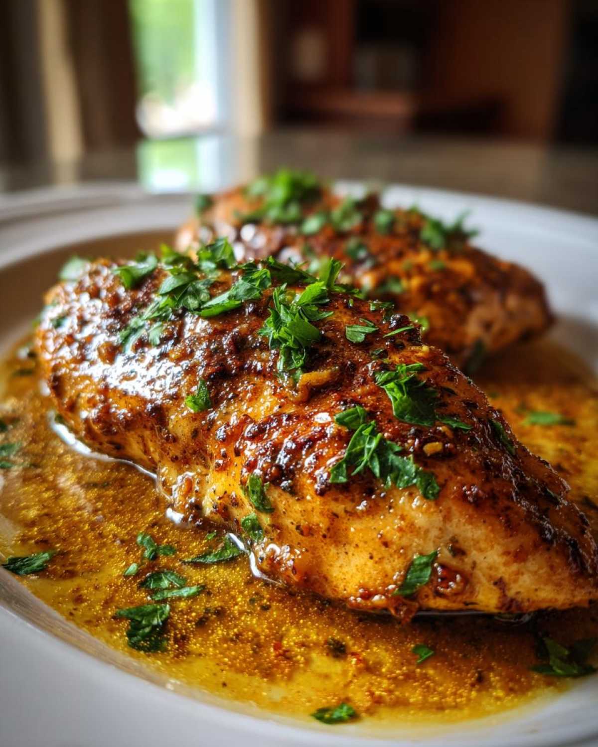 Two pieces of Chicken Christopher on a plate, garnished with fresh parsley and a savory sauce.