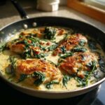 Pan of creamy chicken florentine with spinach and a rich, creamy sauce.