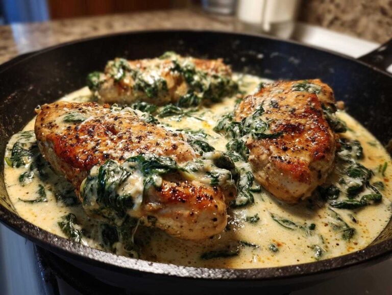 Three pieces of chicken florentine in a creamy sauce with spinach, served in a skillet.