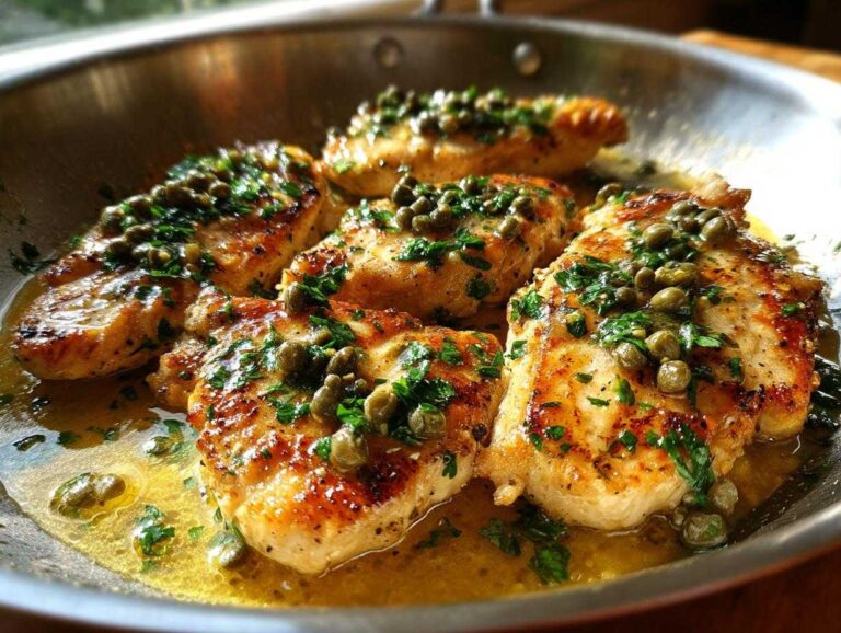 Golden chicken piccata in a skillet, topped with capers and parsley in a lemon butter sauce.