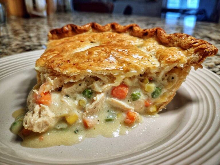 A slice of golden chicken pot pie with flaky crust, creamy filling, chicken, and vegetables.