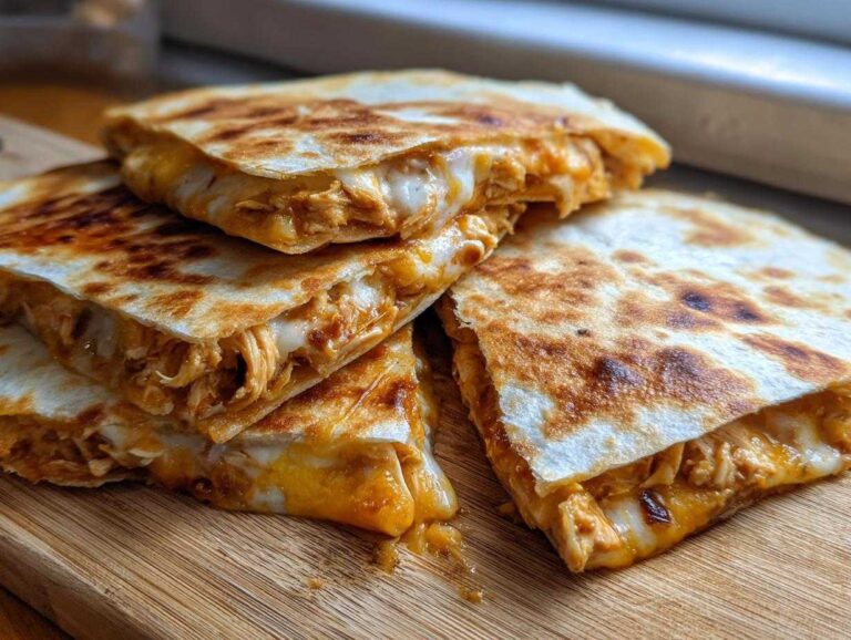 A stack of golden brown Chicken quesadilla triangles filled with chicken and melted cheese.