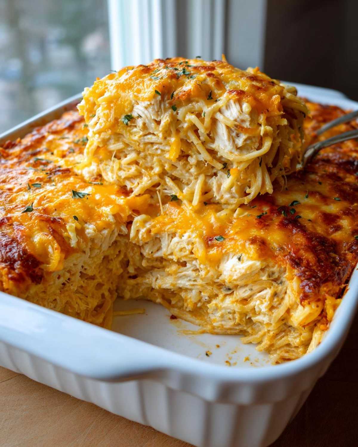 A large slice of cheesy chicken spaghetti casserole being lifted from a white baking dish.
