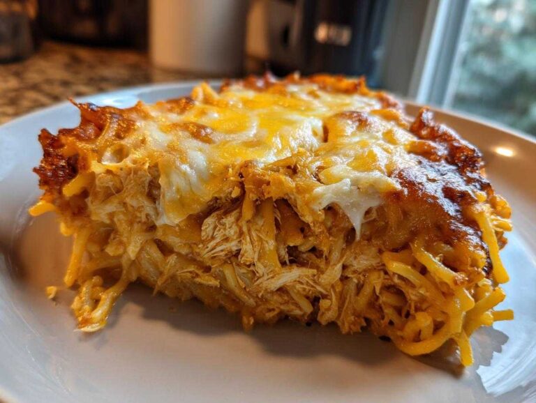 A delicious slice of chicken spaghetti casserole topped with melted cheese on a white plate.