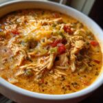 A bowl of creamy Chilis chicken enchilada soup, topped with shredded cheese, chicken, tomatoes, and green peppers.