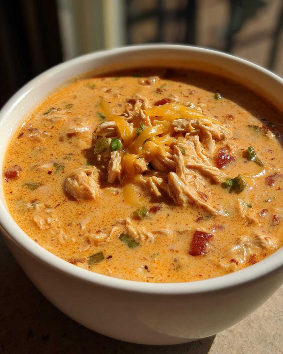 A bowl of creamy Chilis chicken enchilada soup topped with shredded chicken and cheese.