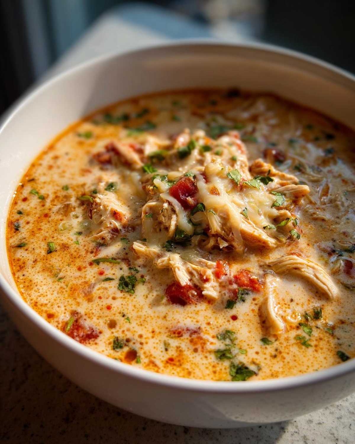 A close-up of a bowl of creamy Chilis chicken enchilada soup, topped with shredded chicken, cheese, tomatoes, and cilantro.
