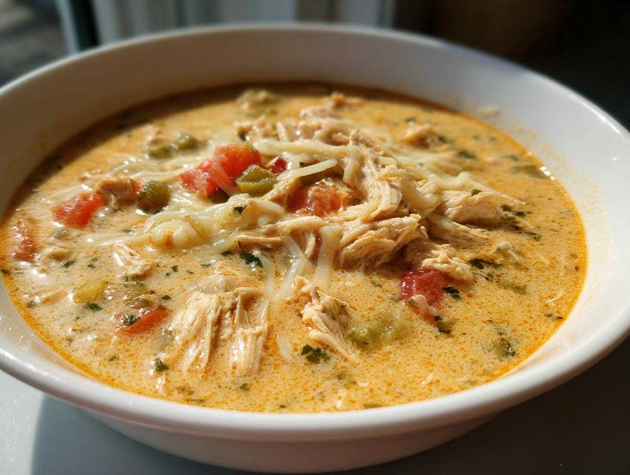 A bowl of creamy Chilis chicken enchilada soup topped with shredded cheese and diced tomatoes.