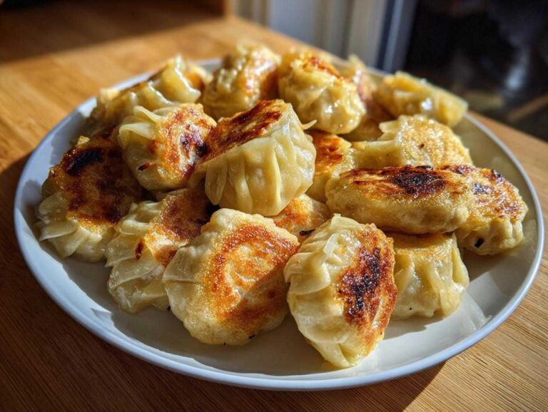 A plate piled high with golden-brown Chinese dumplings, ready to be enjoyed.