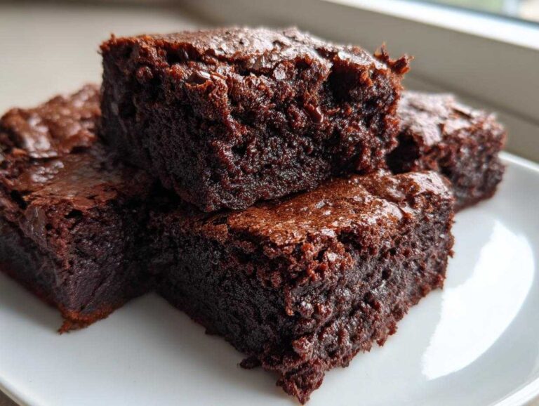 A stack of rich, fudgy chocolate zucchini brownies on a white plate, showcasing their moist texture.