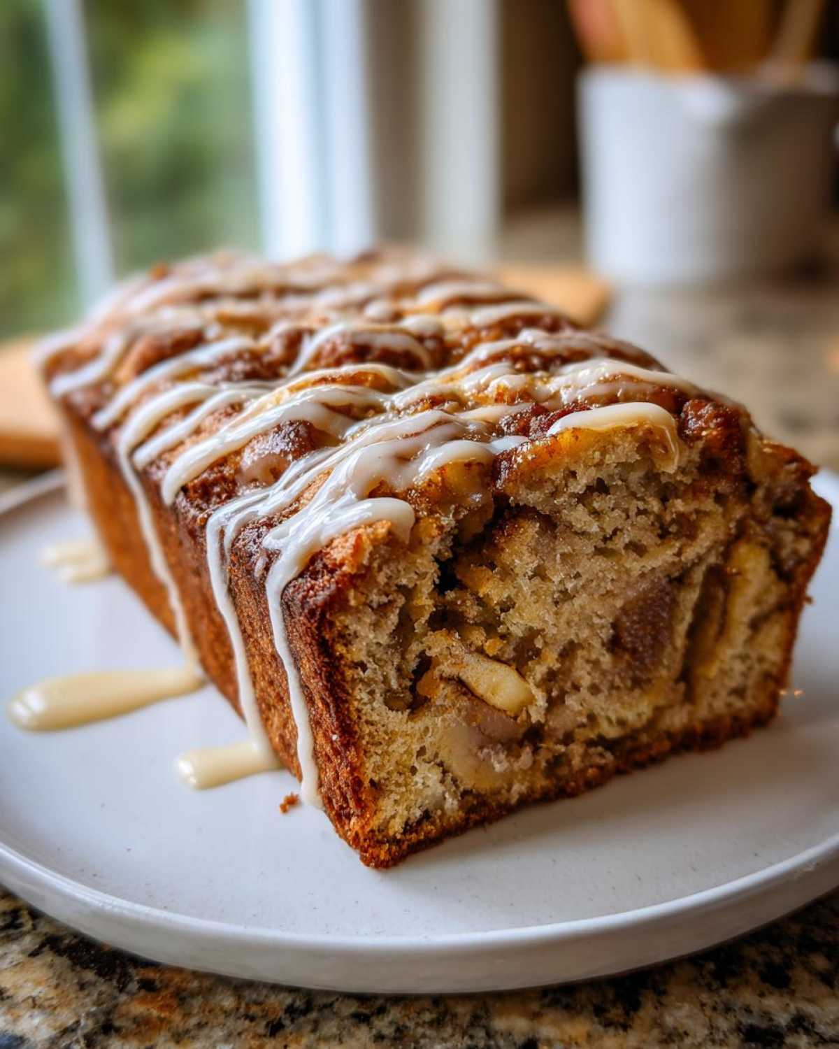 Close-up of a glazed cinnamon apple cake loaf on a white plate, showcasing the moist texture and apple pieces.