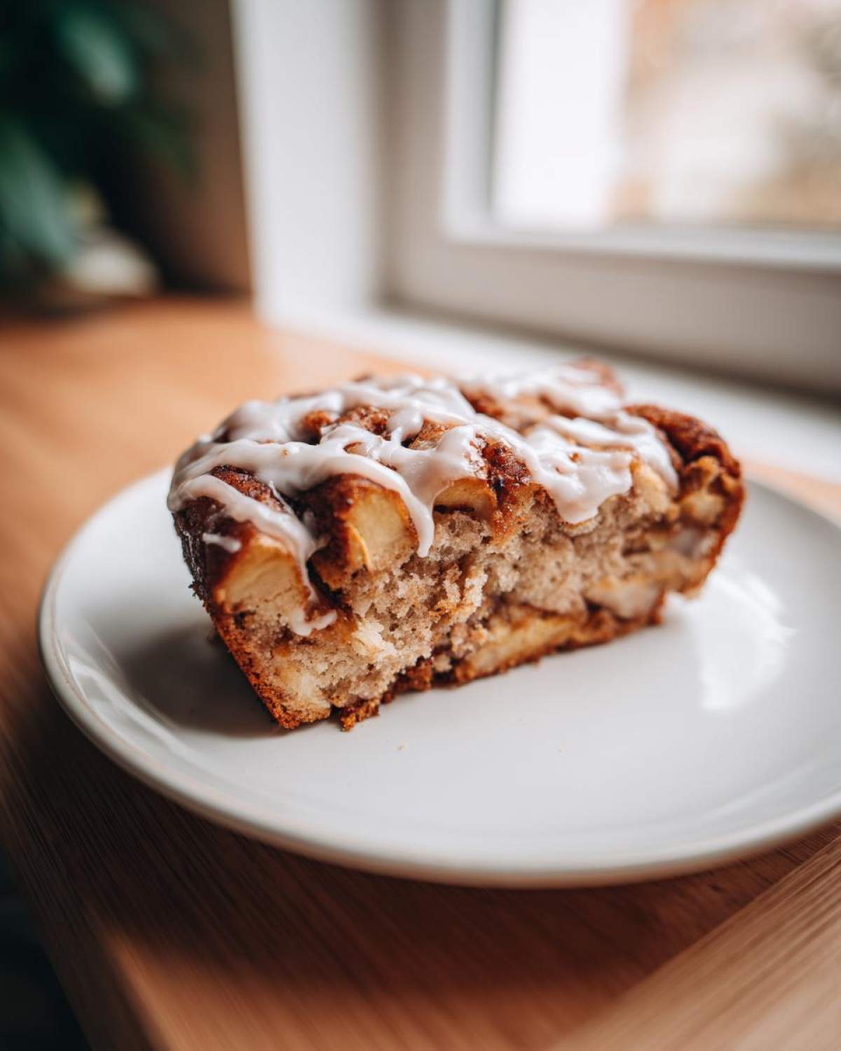 A slice of cinnamon apple cake on a white plate, topped with a sweet glaze.