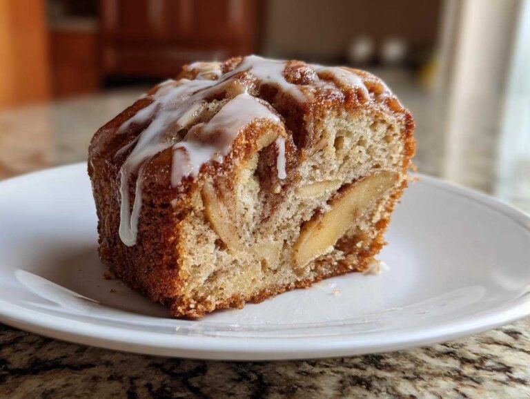 A delicious slice of cinnamon apple cake with a sweet glaze, showcasing the apples and moist texture.