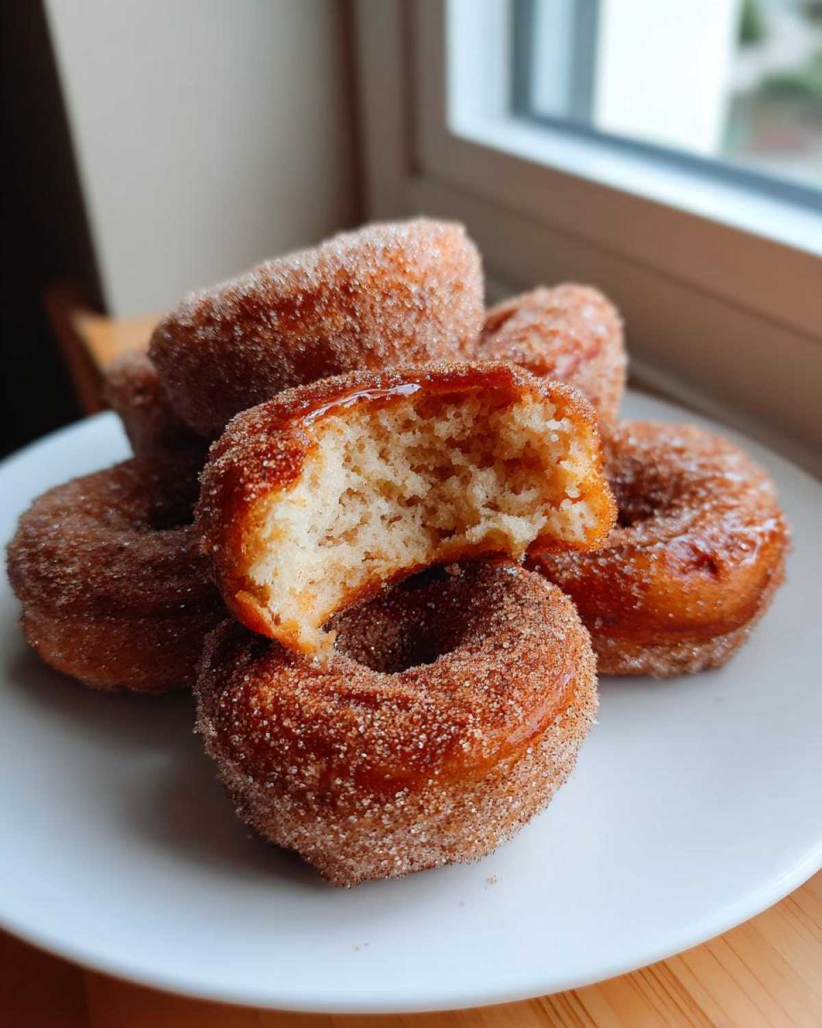 Stack of cinnamon sugar pancake donuts on a white plate, one with a bite taken out.