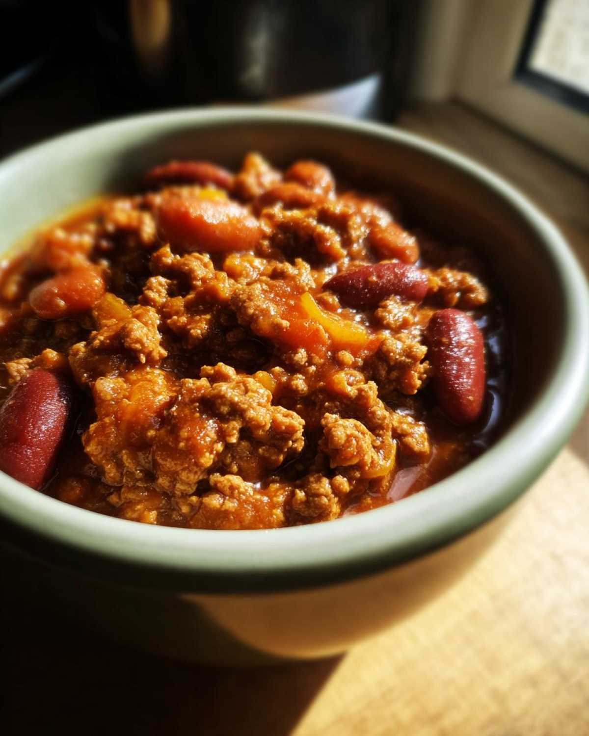 A bowl of hearty classic chili recipe with ground beef, kidney beans, and vegetables.