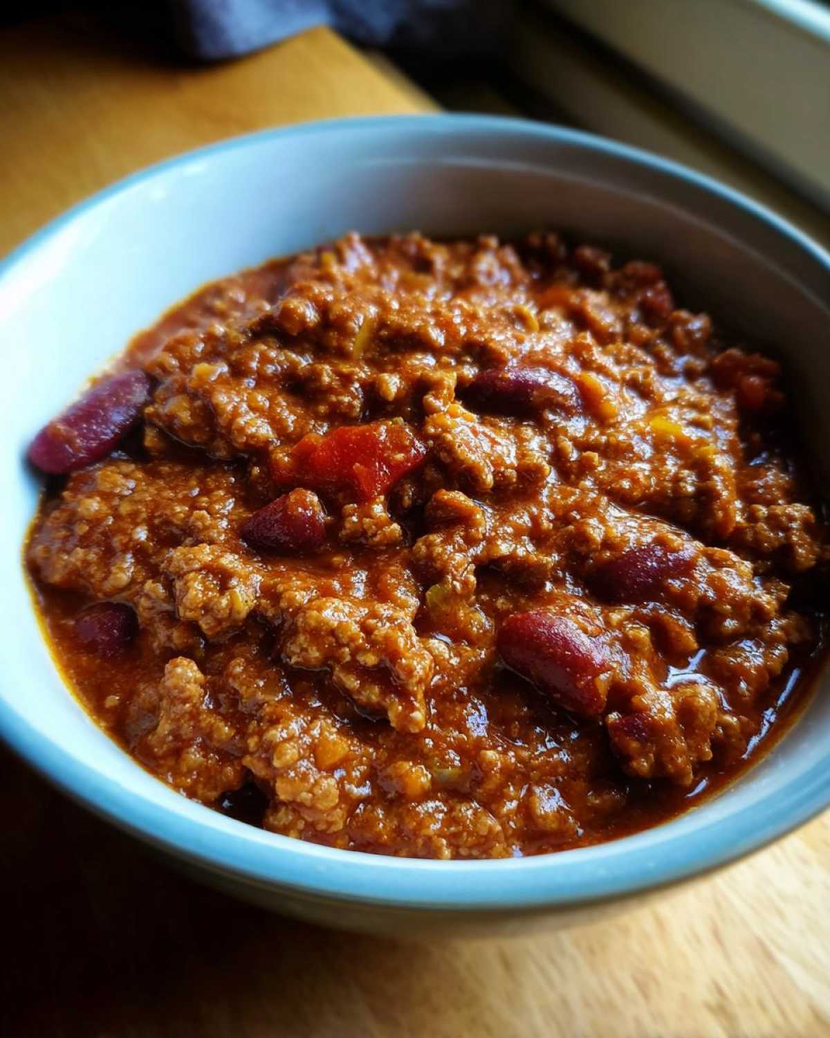 A close-up of a bowl filled with classic chili recipe, featuring ground beef, kidney beans, and tomatoes.