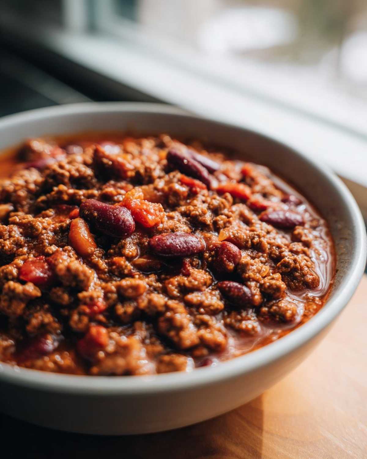 Close-up of a bowl of classic chili recipe with ground meat, kidney beans, and tomatoes.