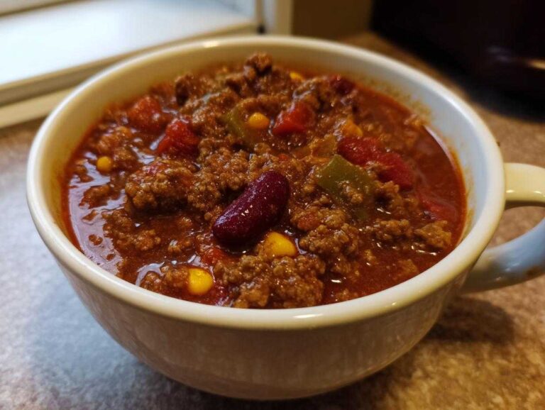A bowl of classic chili recipe, filled with ground beef, beans, corn, and peppers.