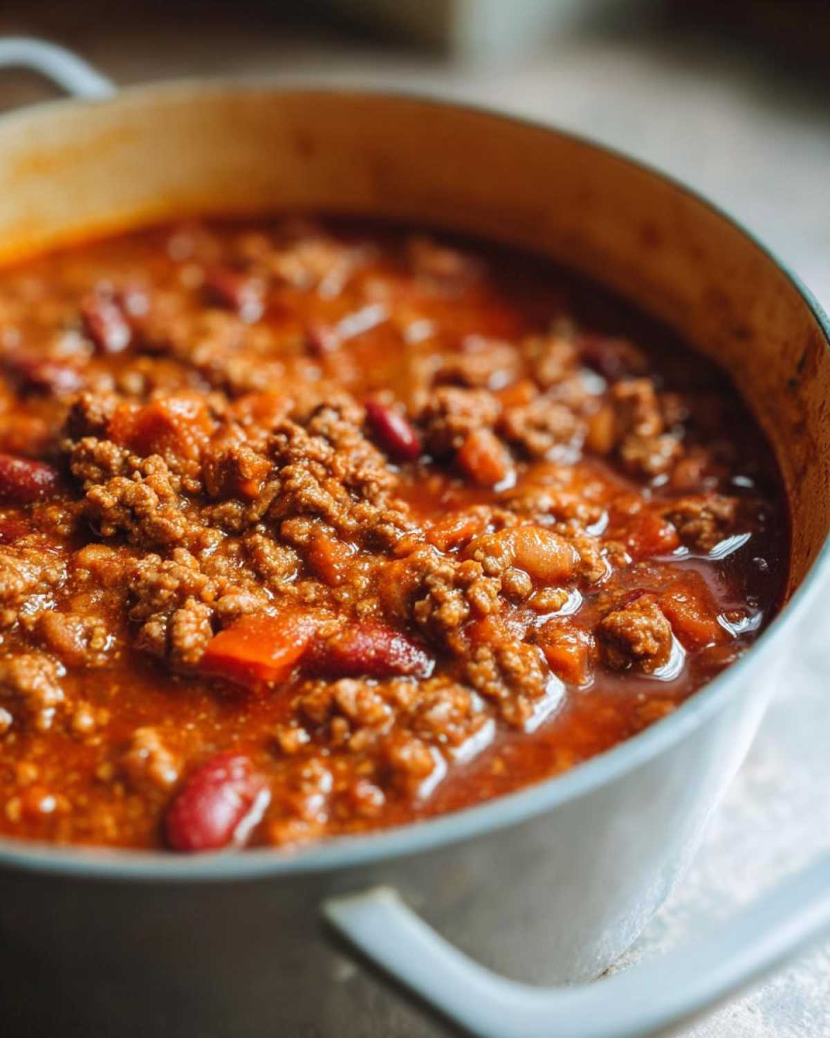 A pot of hearty classic chili recipe, filled with ground beef, beans, and vegetables in a rich tomato-based sauce.