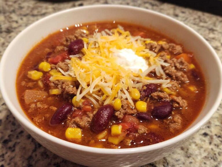 A bowl of classic taco soup topped with shredded cheese and sour cream. The soup contains beef, beans, and corn.