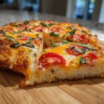 A delicious slice of classic tomato pie with fresh basil on a wooden board.