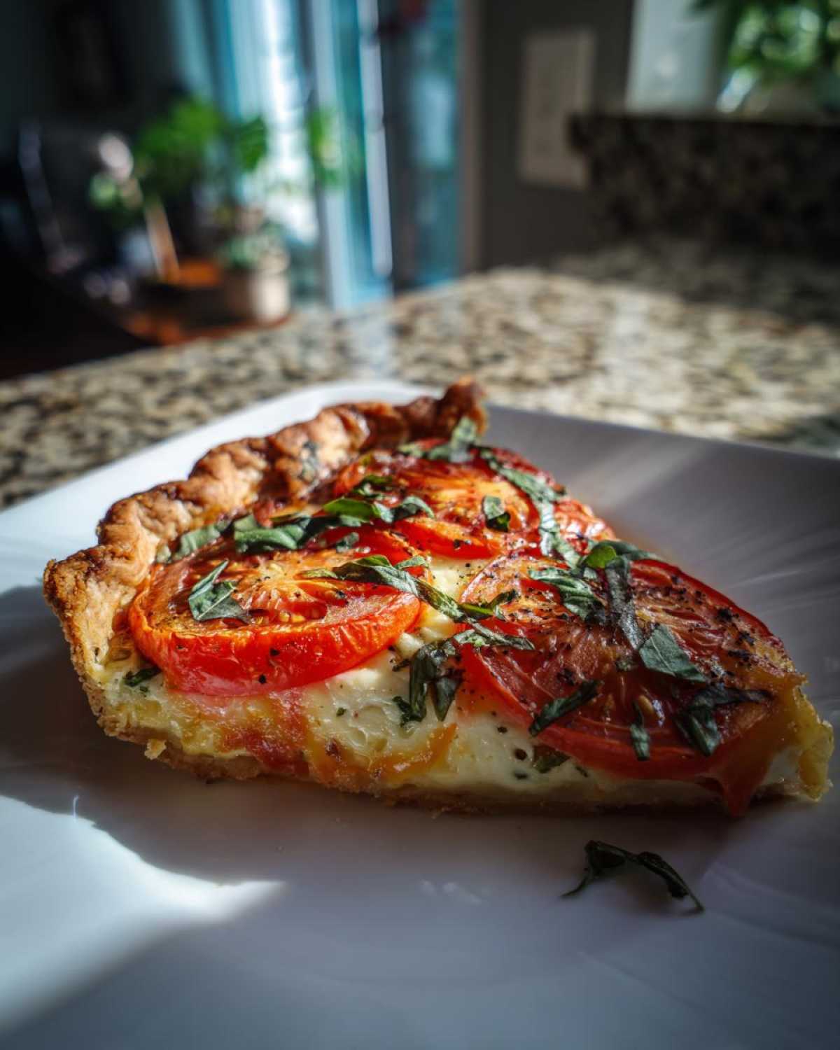 A slice of classic tomato pie on a white plate, garnished with fresh basil leaves. Crust, tomatoes, and creamy filling are visible.