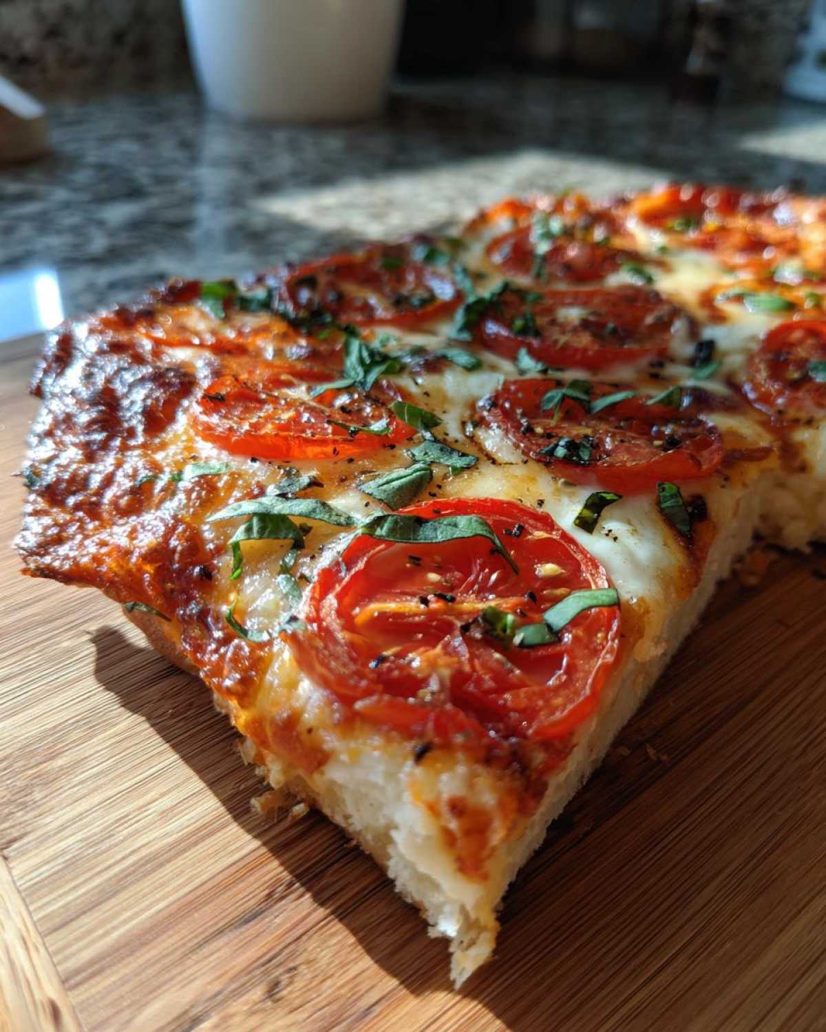 A delicious slice of classic tomato pie, topped with fresh tomatoes, basil, and melted cheese.