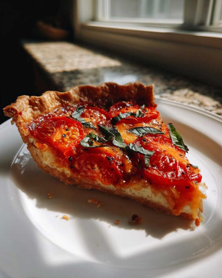A slice of classic tomato pie on a white plate, topped with fresh basil leaves, bathed in sunlight.