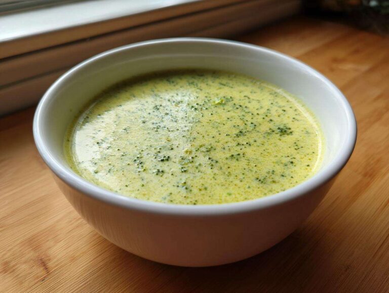 A bowl of creamy copycat Panera broccoli cheddar soup, featuring visible broccoli florets in a white bowl.