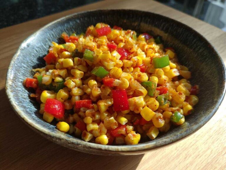 Bowl of vibrant corn maque choux with corn, red and green bell peppers, and spices.