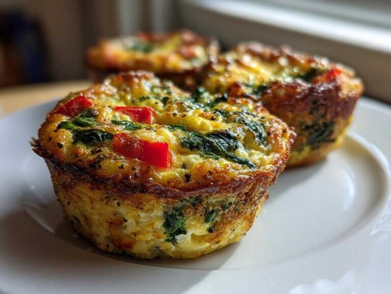 Three fluffy cottage cheese egg muffins with spinach and red pepper on a white plate, ready to eat.