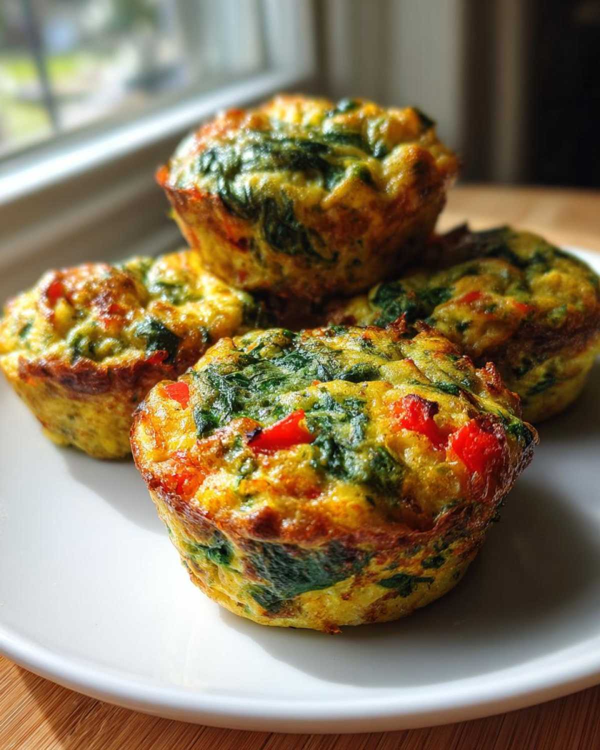 A stack of four fluffy cottage cheese egg muffins with spinach and red pepper on a white plate.