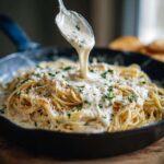 A spoonful of creamy alfredo sauce being poured over a pan of spaghetti, garnished with parmesan and parsley.