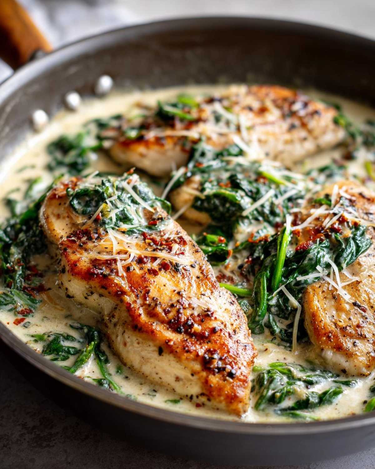 Close up of creamy Chicken Florentine in a skillet, featuring chicken breasts, spinach, and a creamy sauce.