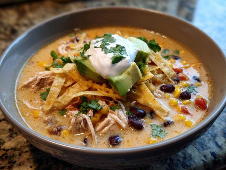A bowl of creamy chicken tortilla soup topped with avocado, sour cream, tortilla strips, and cilantro.