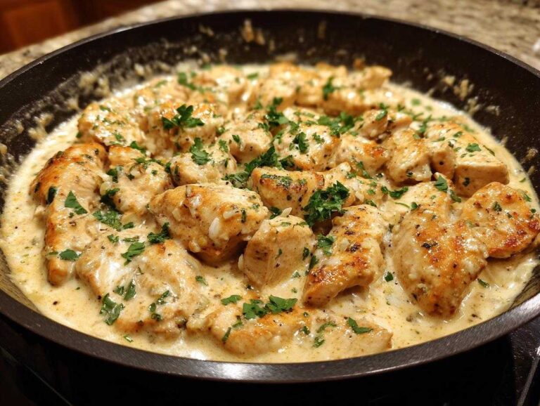 Delicious creamy garlic chicken in a skillet, garnished with fresh parsley. A one-pan comfort meal.