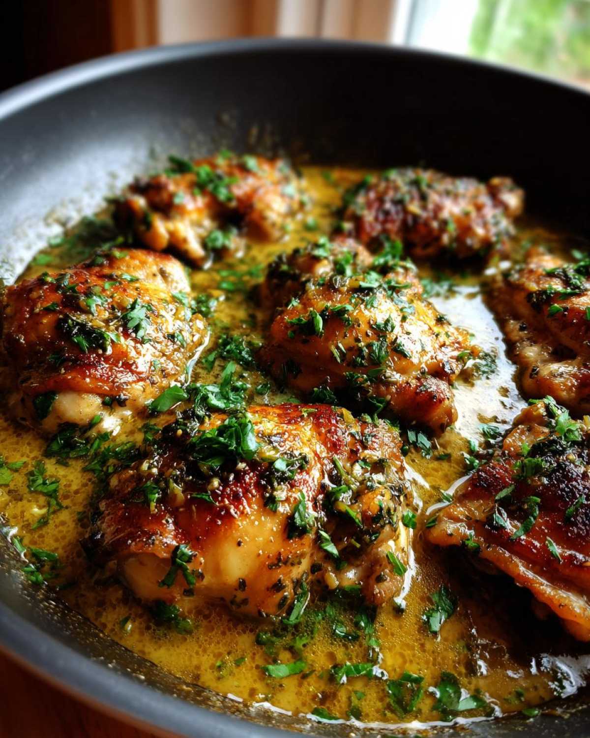 Pan of creamy garlic herb chicken thighs, garnished with fresh herbs in a creamy sauce.