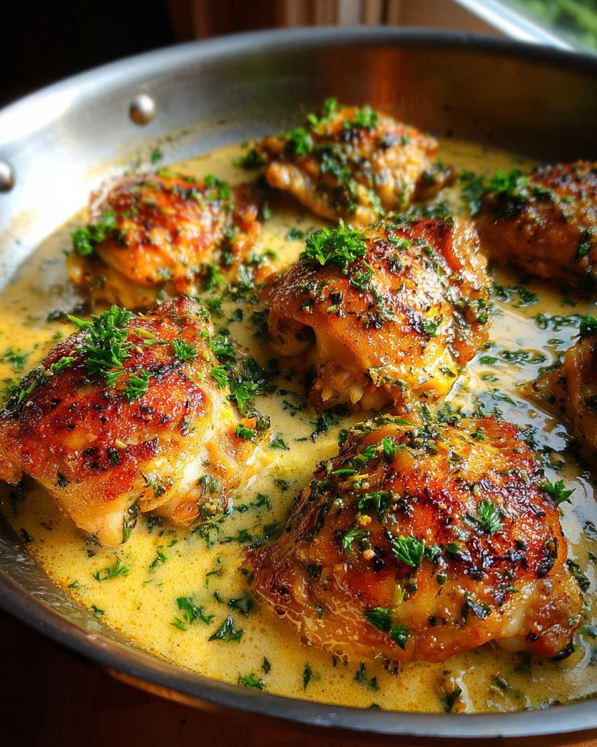 Pan of creamy garlic herb chicken thighs, garnished with fresh parsley in a creamy sauce.